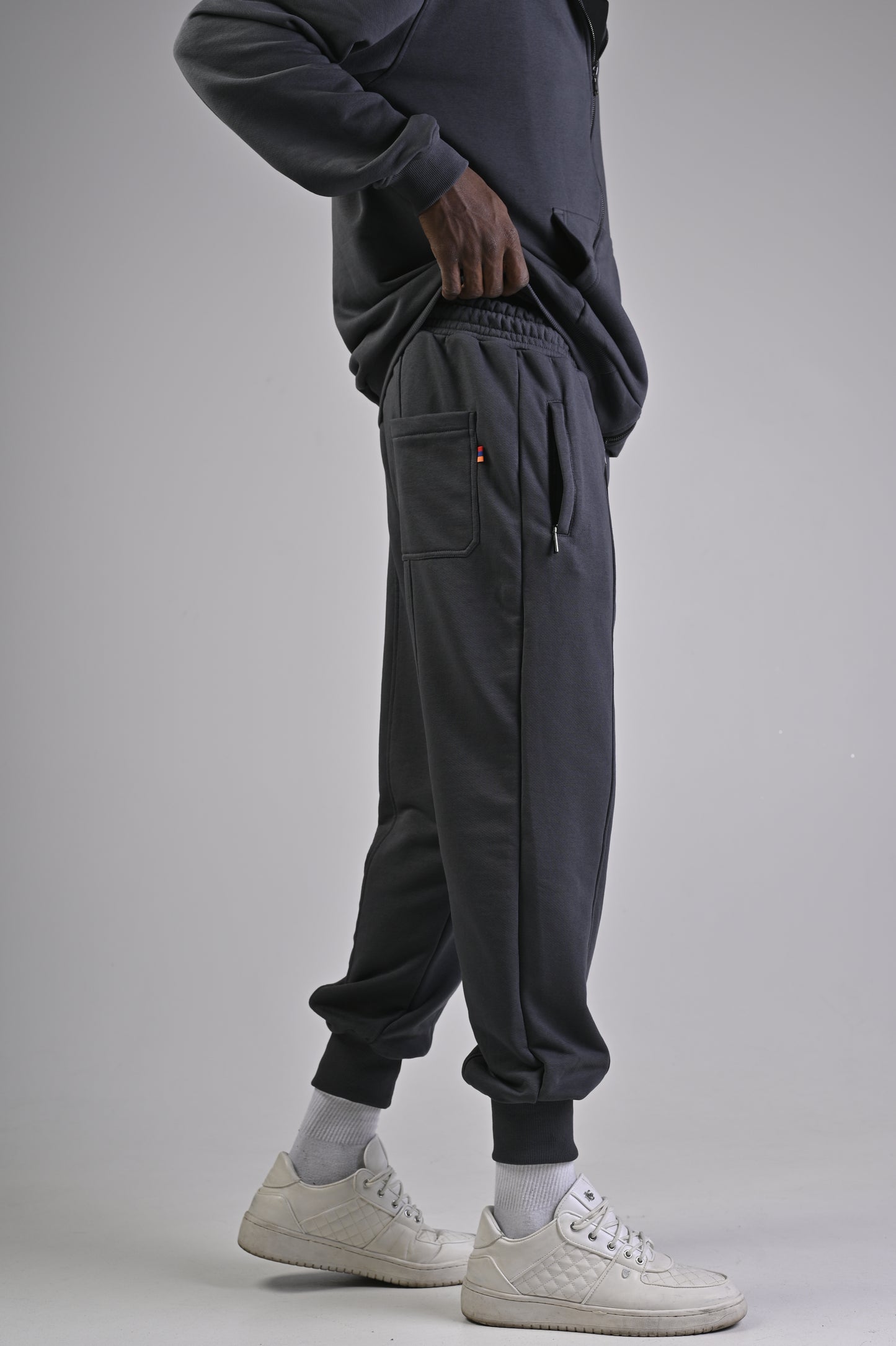 COOL GREY LEATHER LOGO TROUSER