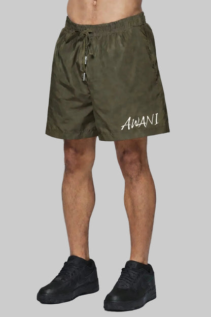 AWANI KHAKI/WHITE LOGO SWIM SHORTS